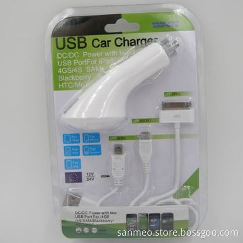 3-in-1 USB Car Charger for iPhone/iPad/iPod/Blackberry/HTC/MOT, USB 2.0 High Transfer SpeedNew